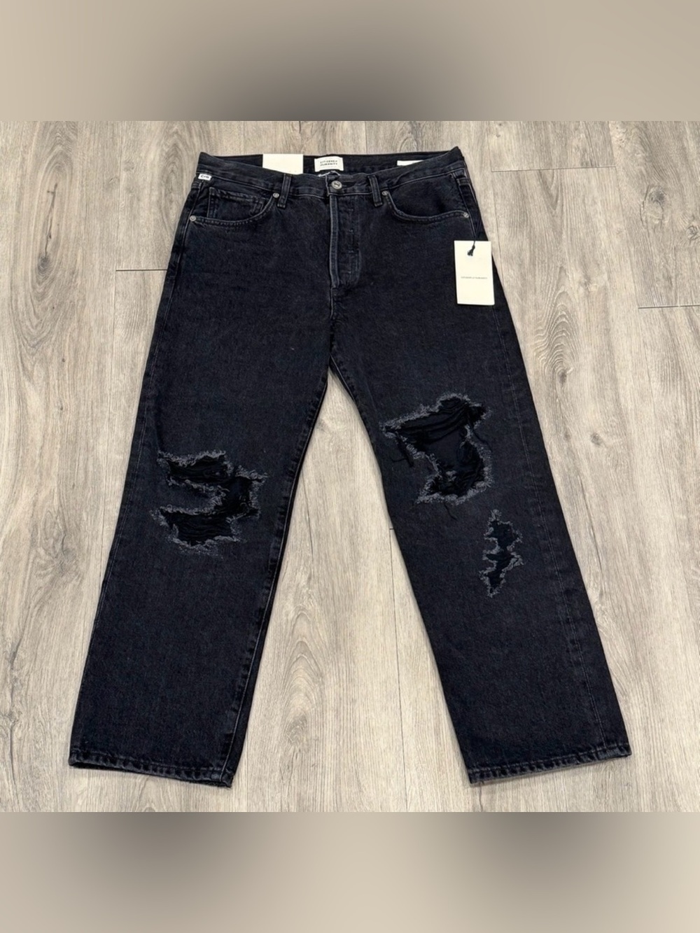 Citizens Of Humanity Emery Black Distressed Denim Relaxed Straight Leg Crop Jean